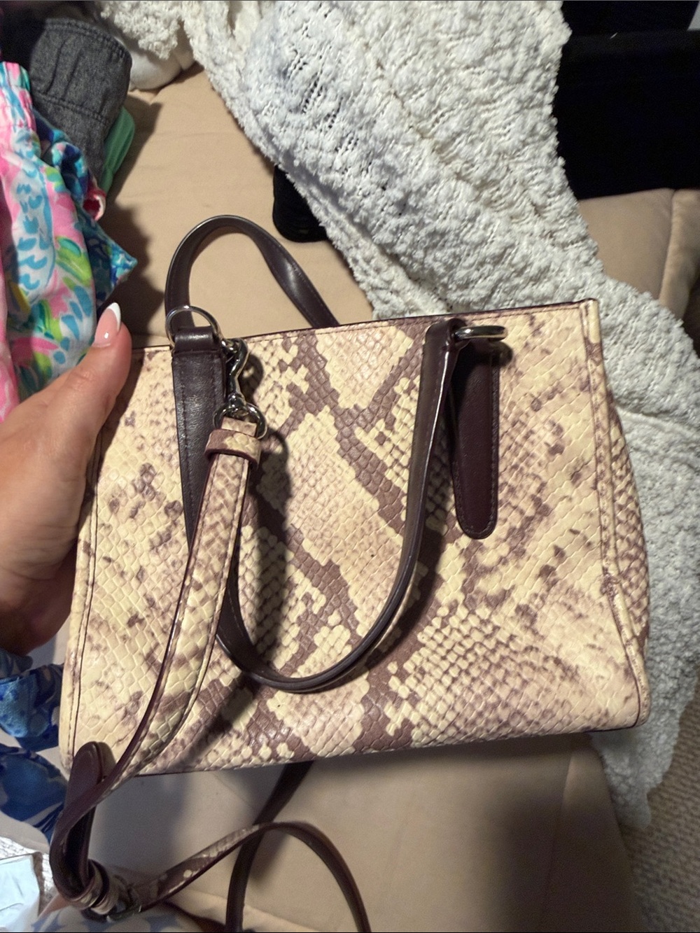 Coach Snake-Print python Satchel in Beige and Brown with Dark Brown Handles - Picture 9 of 9